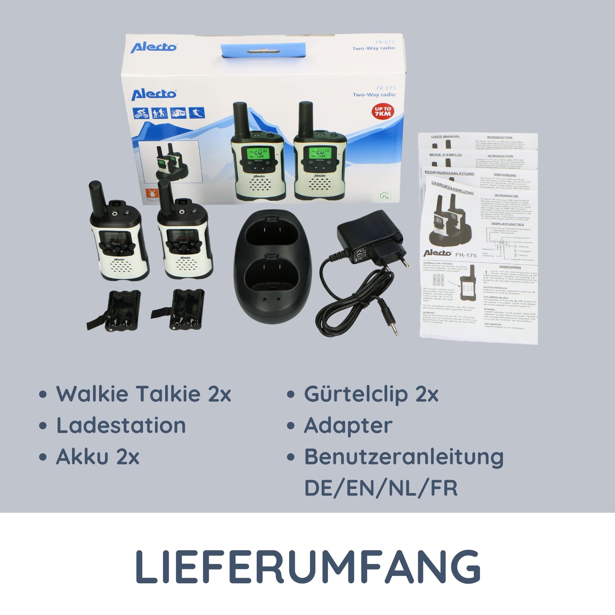 Alecto FR-175 Walkie Talkie für Erwachsene und Kinder - 7km Reichweite - 8 Kanäle - 38 CTTCSS-Codes - VOX - integrierte Taschenlampe - 2,5mm Anschluss - weiß