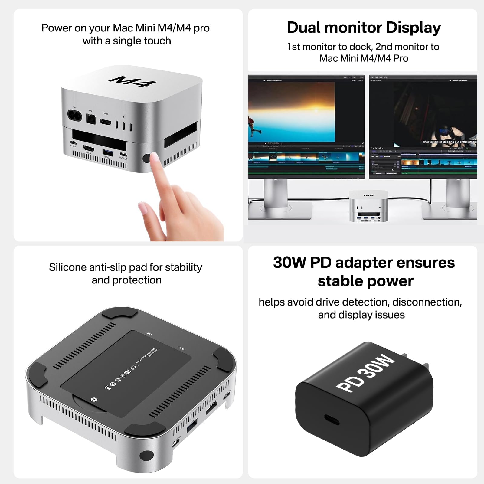 ACASIS Stacja dokująca Mac Mini M4 z podstawą i podwójną zatoką na dysk NVMe SSD, aluminiowy hub HDMI dla Mac mini M4 i M4 Pro 2024, HDMI 4K60Hz, 4 x 10G USB A, PD 30W, SD/TF, obsługuje dyski SSD B+M