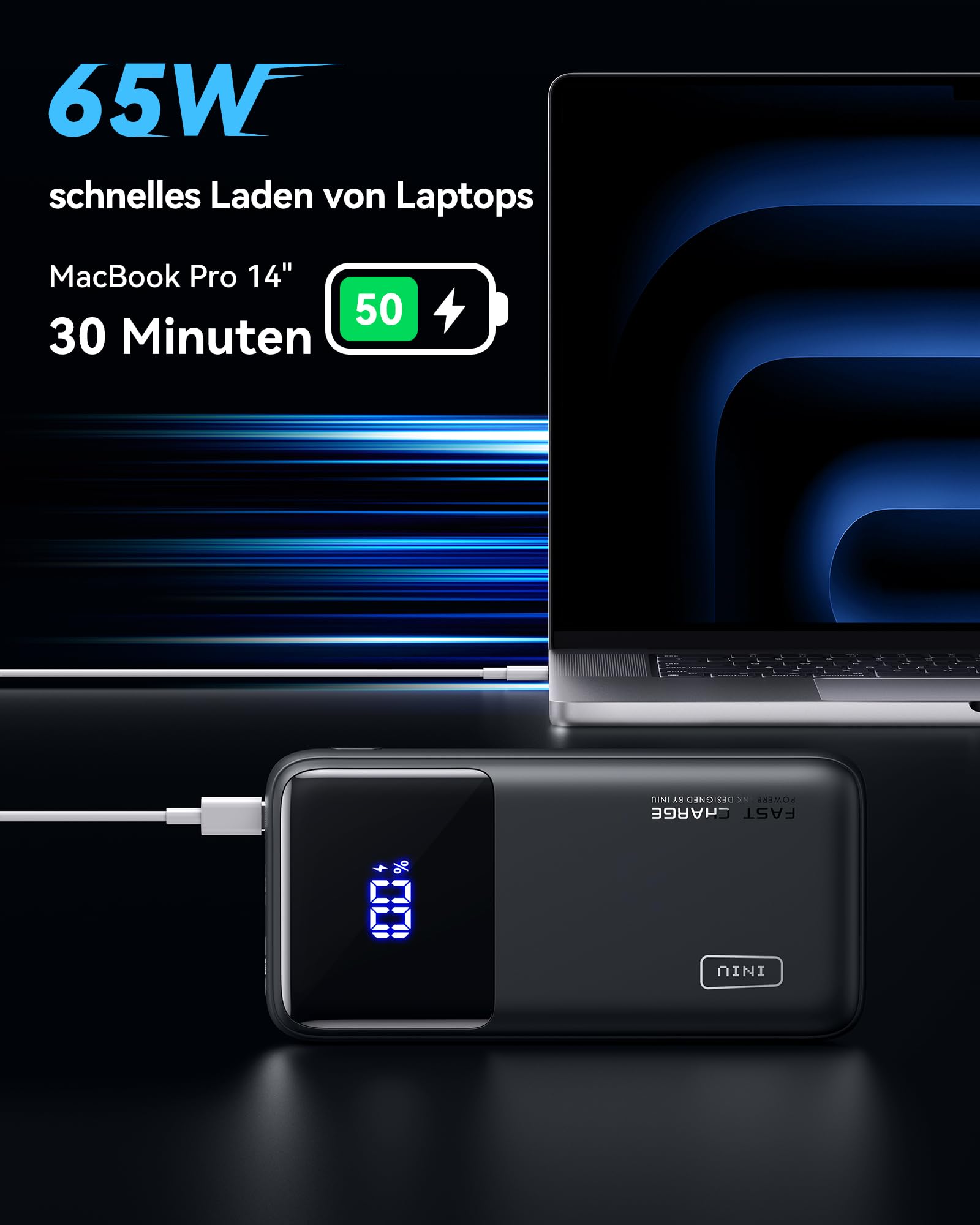INIU 65W Schnellladung Laptop Powerbank, Small 20000mAh Externe Handyakkus | Flugzeug Geeignet, mit USB-C Kabel, Externe Handyakkus für MacBook, Steam Deck, iPhone 17 Samsung iPad uvm (Klassische Größe