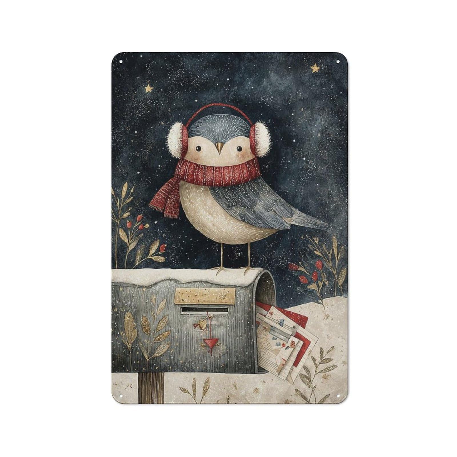 Junmoney Style-21 Winter Bird On Mailbox Illustration Retro Metal Wall Sign 30X20cm For Guest Room Or Hallway, A Housewarming Gift For Home Decor Collectors