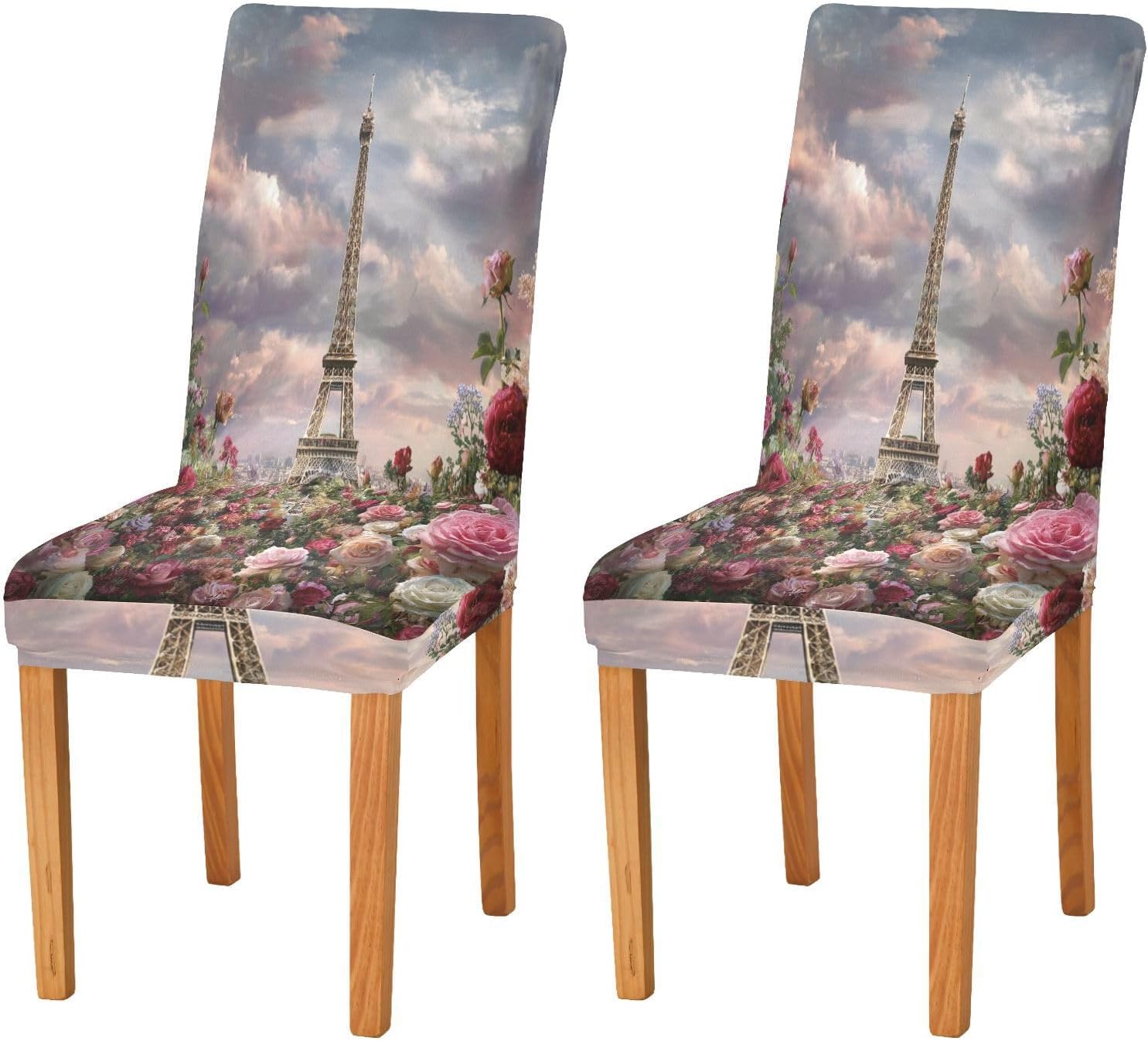 ALAZA Chair Covers for Dining Room, Eiffel Tower and Beautiful Roses Stretch Chair Cover Sets Chair Protector Removable Washable for Ktichen Restaurant Hotel