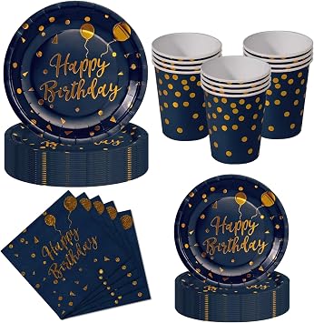 Nkaiso Pack of 50 Navy Blue Gold Paper Plates Birthday Set