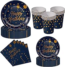 50-Piece Navy Blue and Gold Disposable Birthday Tableware Kit - 10 Dinner Plates, 10 Dessert Plates, 10 Cups, 20 Napkins - For Birthday Party Decoration - 10 Guests
