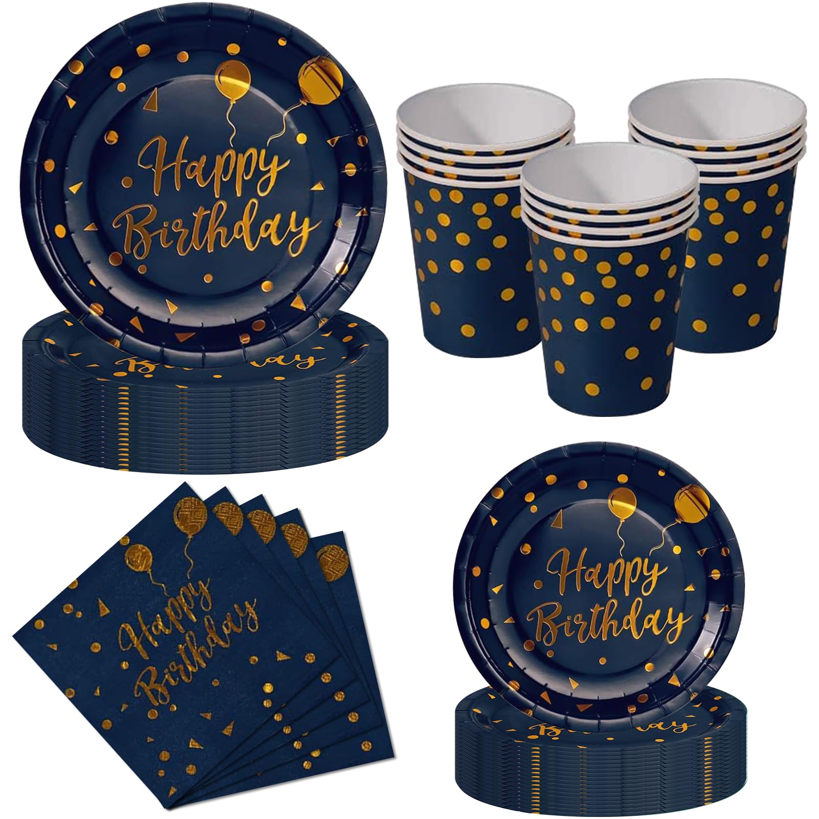Nkaiso Birthday Party Plates Pups and Napkins Set, 50 Piece Navy Blue and Gold Party Tableware Set, Disposable Paper Plates Cups Napkins - Birthday Dinnerware for Celebrations