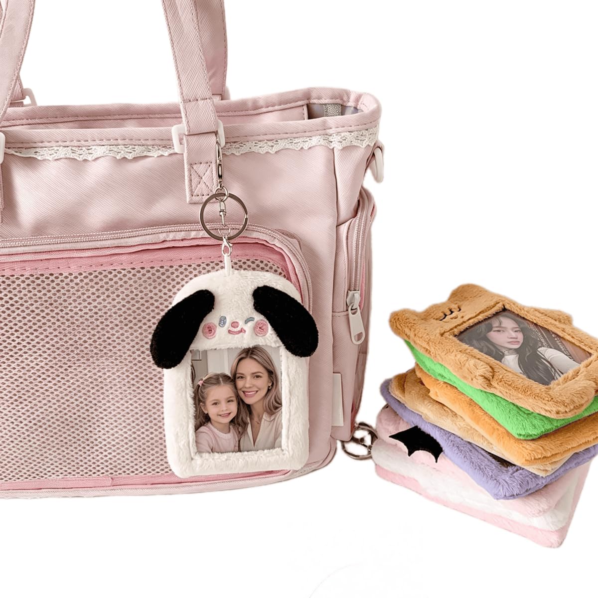 Porte-Photo en Peluche Lapin Mignon, Porte-Carte d'Identité avec Porte-Clés, Étui de Protection pour Photocards, Carte Bancaire, Décoration pour Sac à Dos, Cadeau pour Filles et Fans (A09)