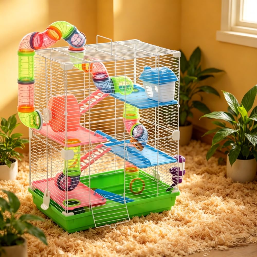Grüner Hamsterkäfig aus Metall & PP, Mehrstöckiger Nagetierkäfig, Vertikaler Haustierkäfig mit komplettem Spielzubehör für kleine Nager