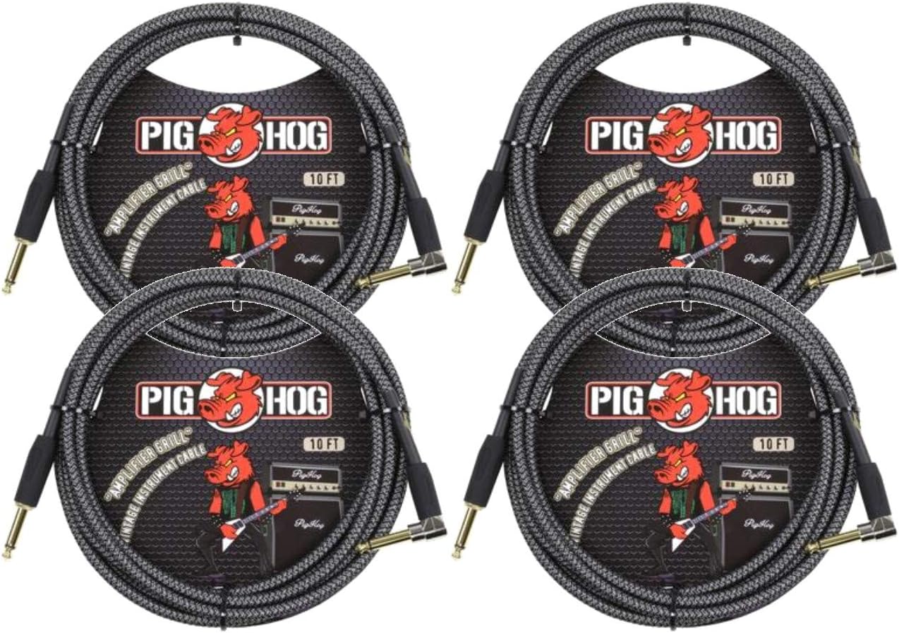 4 Pack Pig Hog Instrument Cable Amp Grill 1/4' to 1/4' Right Angle 10 ft., PCH10AGR