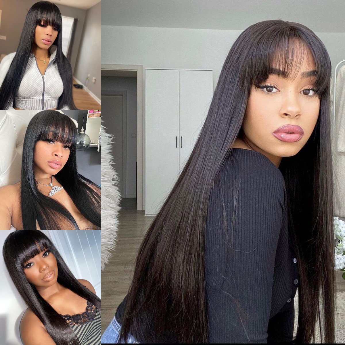 200% Density Straight Black Wig With Bangs Short Bob Wigs For Women Glueless Fringe Wig Long Hair Full Machine Made Wigs 100% Human Hair Wig Cheap Brazilian Remy Hair 8 Inches