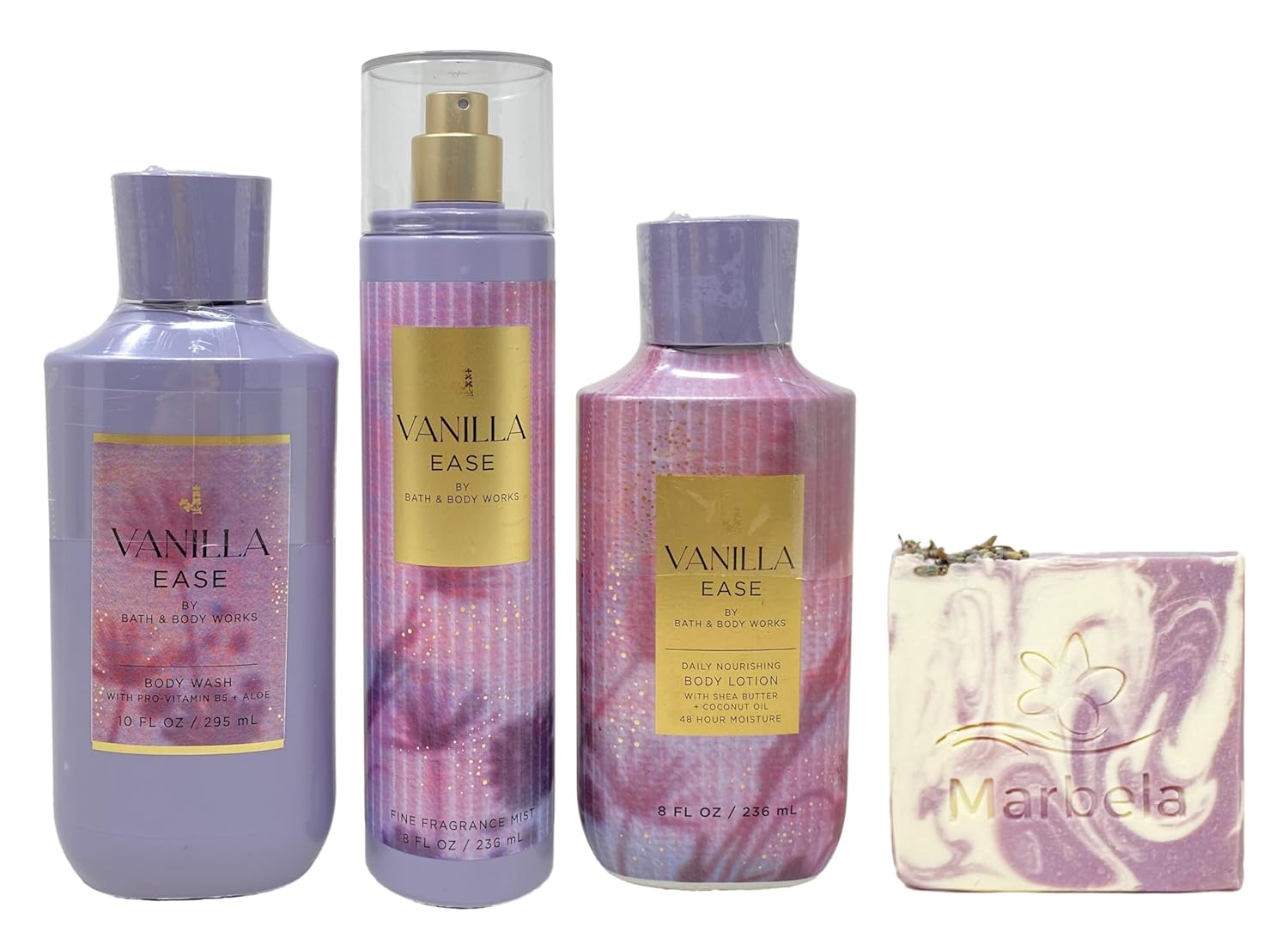 Bath & Body Works Vanilla Ease Trio Gift Set - Fragrance Mist, Body Lotion and Body Wash with a Lavender Dreams Bar Soap.