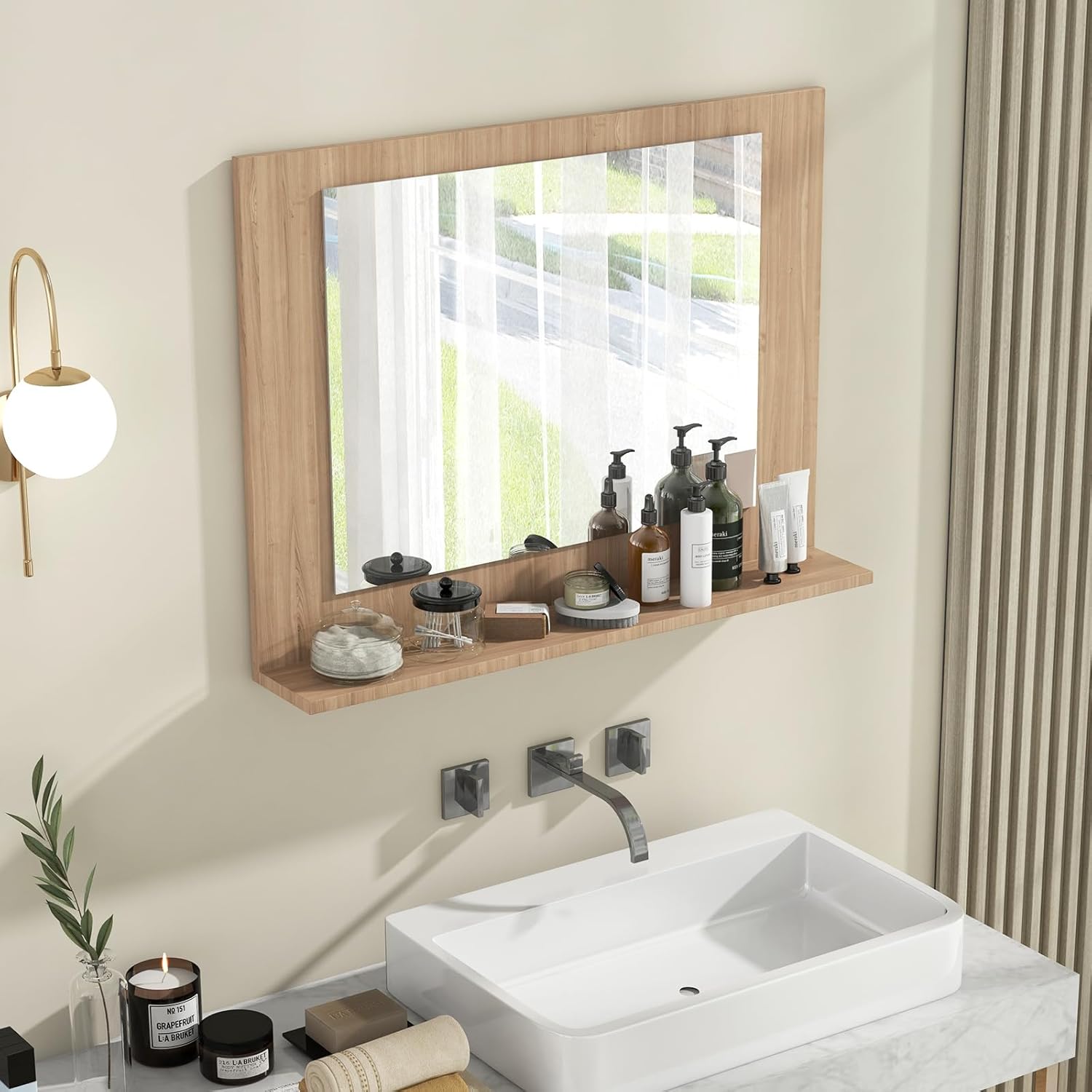Tangkula Bathroom Mirror with Shelf, 23.5" x 17.5" Rectangle Wood Frame Bathroom Vanity Mirror for Over Sink, Wall Mounted Modern Mirror for Living Room, Entryway (Natural, 23.5" x 17.5")