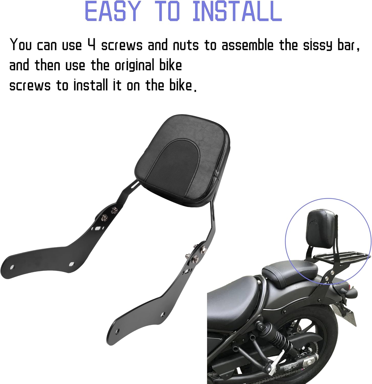 Motorcycle Sissy Bar for Rebel 300 500, Rear Passenger Backrest, for Honda CMX500 Rebel CMX 300 CMX 500 (2017-later)