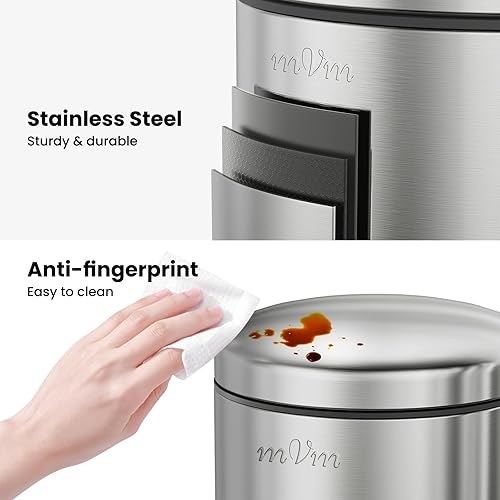 Miniatura 10 de mVm Bote de basura pequeño con tapa, cubo de basura de baño de 1.3 gales5 litros, cubo de basura redondo de acero inoxidable (negro)
