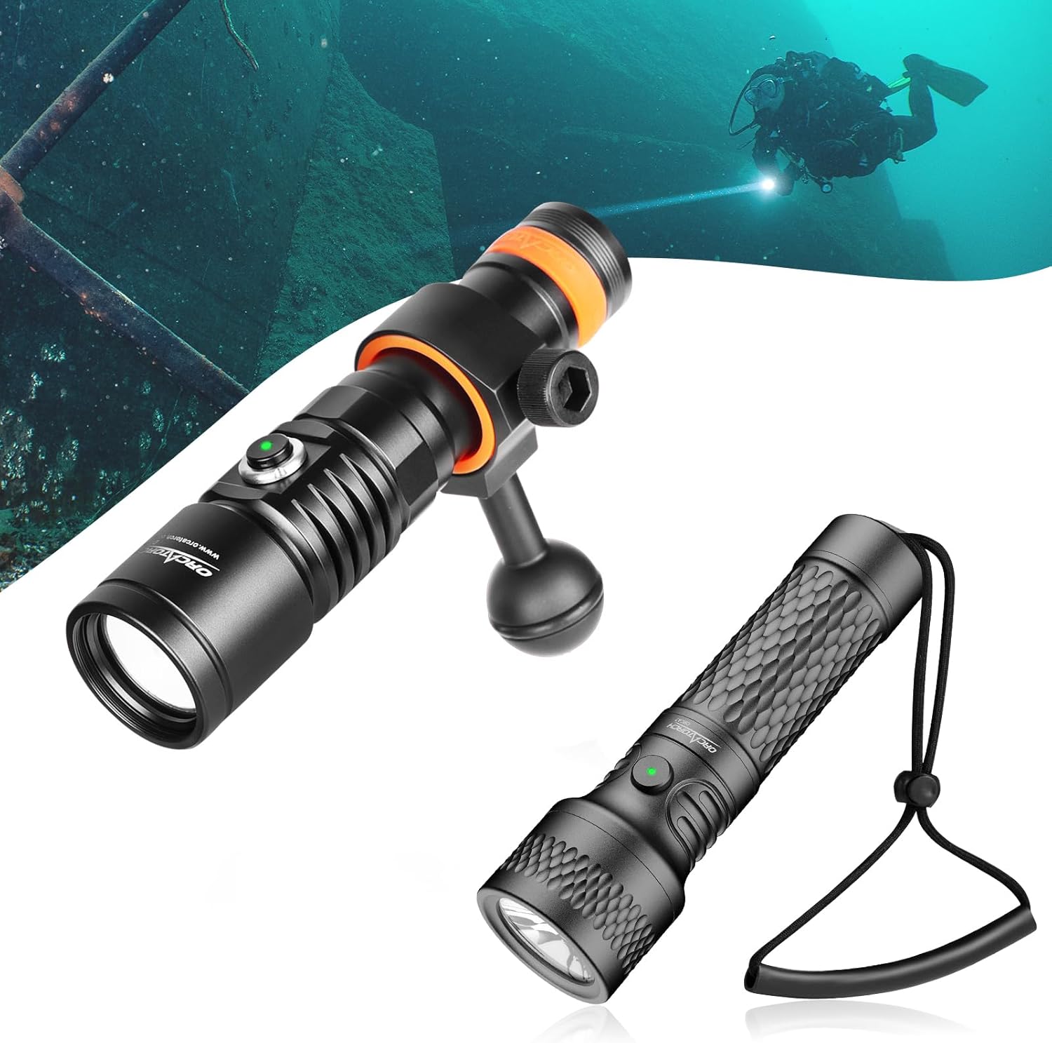 ORCATORCH D710V MK2 (2300-Lumen Tri-Color Video Light) & ORCATORCH ORCA7 (3000-Lumen Dive Torch, Gray) – Complete Underwater Illumination Kit for Scuba Divers & Underwater Photographers