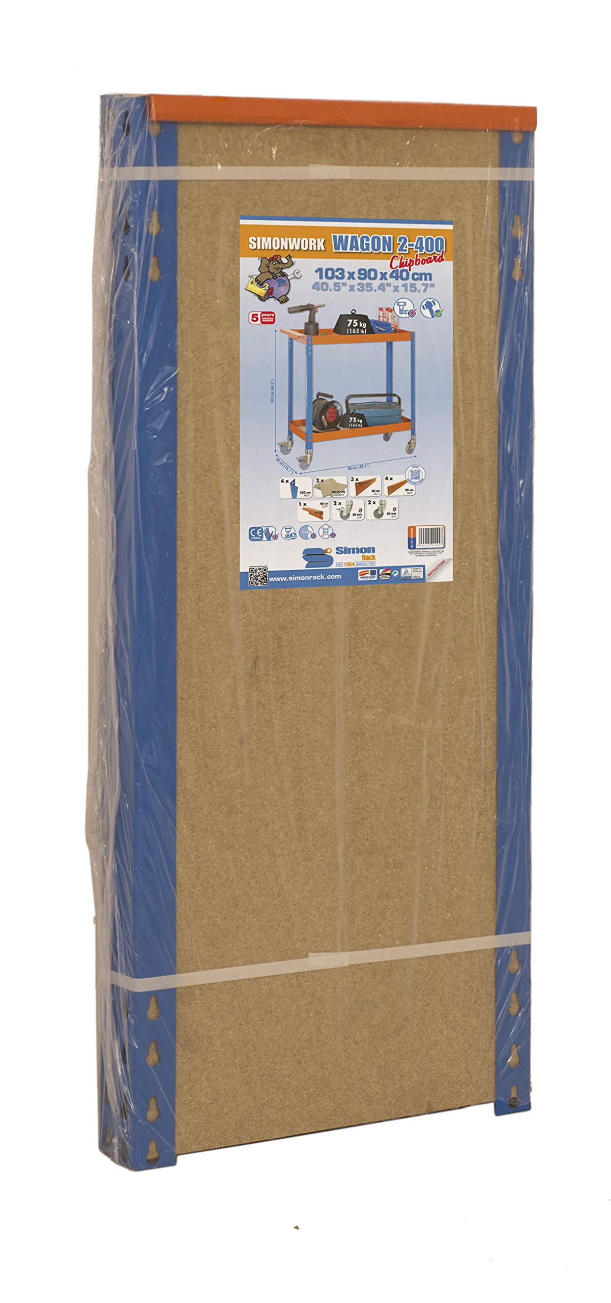 Simon Rack Carro Herramentas Taller, Banco Trabajo, Capacidad Carga 75 kg, 1030x900x400 mm, Azul/Naranja/Madera - WAGON