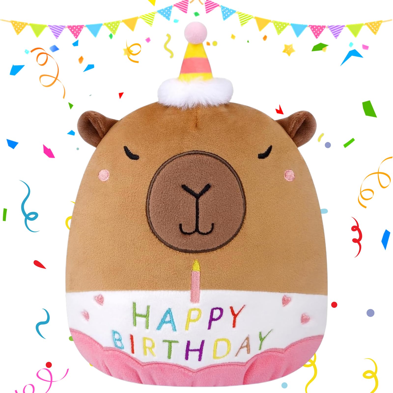 ZcrPrn Capybara Plush, 22 CM/9 INCH Cute Happy Birthday Stuffed Animal Plush Toy Stuffed Animal Realistic Doll Toy, for Christmas New Year Birthday Gifts Friends Party Decoration Hugging Gifts