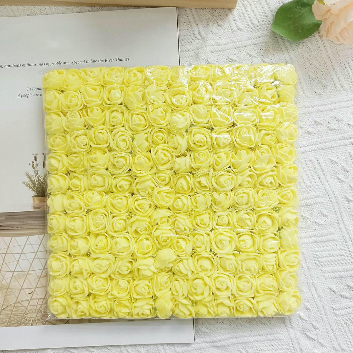 Ayhtud Yellow 144 Pieces 2Cm Foam Mini Teddy Bear Of Roses Decorative Home Decor Accessory Wedding Christmas Garland Artificial Flowers