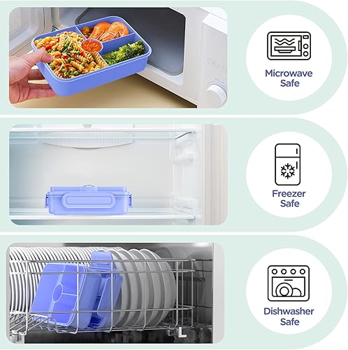 Miniatura 5 de Jelife Lonchera Bento para niños, cajas Bento grandes estilo Bento, a prueba de fugas, con 4 compartimentos, lonchera con cubiertos para niños de