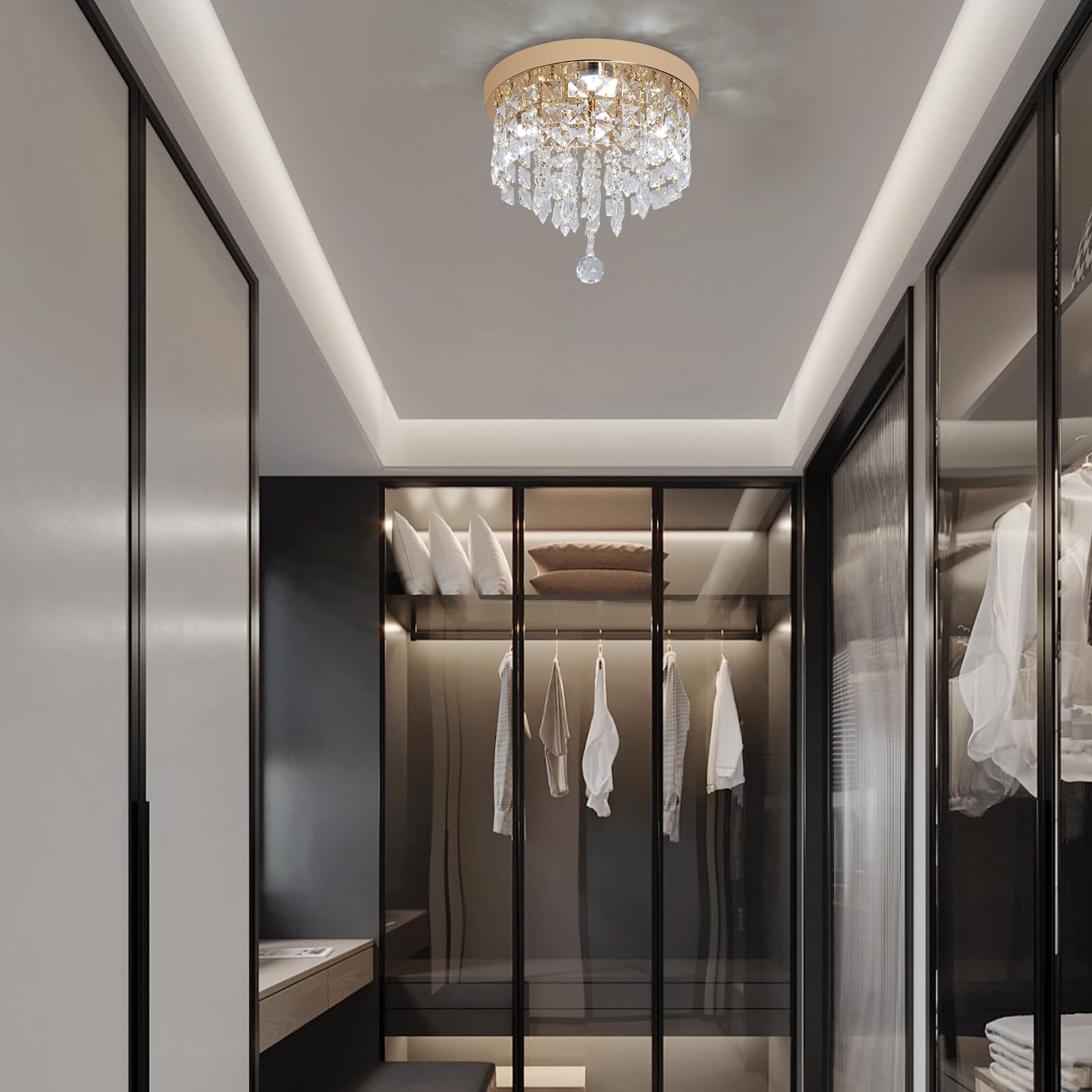 Deckrico Lámpara de Techo LED Dorada con Cristales, Luz Blanca, Moderna para Recámara, Baño, Clóset o Pasillo