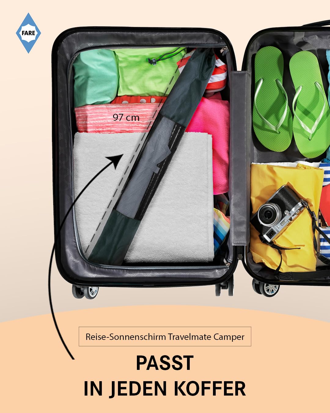 FARE Ombrellone da Viaggio Travelmate Camper - Protezione UV 50+ per Valigie, Campeggio, Balcone, Spiaggia, Giardino - Grigio, Piccolo, Ideale per i Viaggi