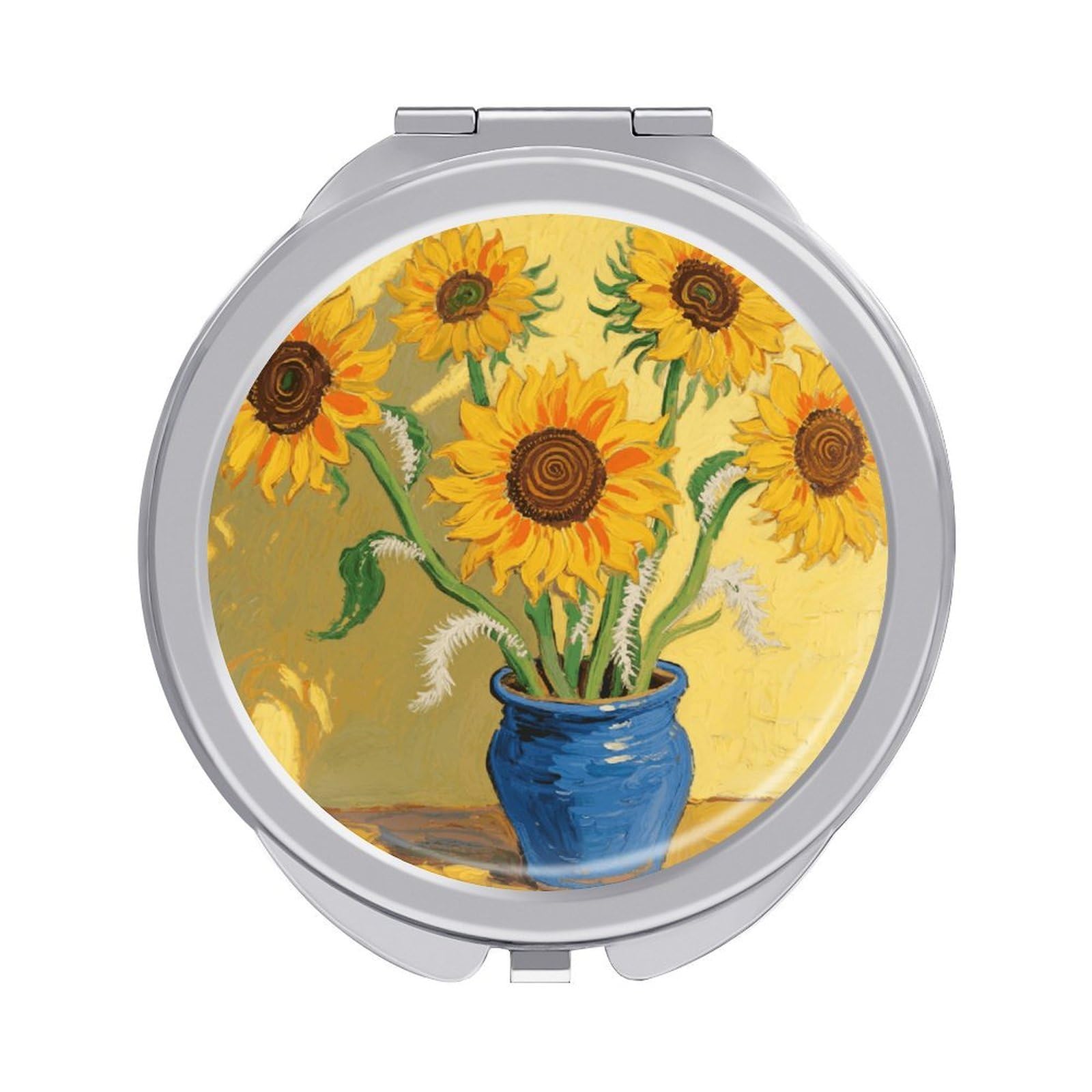 FodPand Compact Hand Mirror with 1x/2x Magnifying Round Travel Makeup Mirror Mini Foldable Sunflower Cosmetic Mirrors Travel Essentials Gift for Women Girl Portable for Pocket Purse -Silver