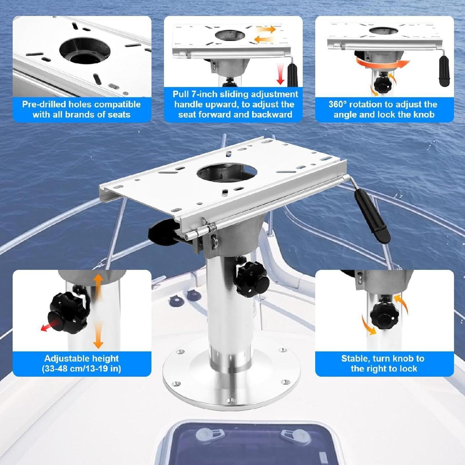 Boat Seat Pedestal Mount,Adjustable Height Boat Seat Base Mount - Boat Chair Base Mounting Brackets with Slide Boat Accessories for Most Boat Seat Mounts
