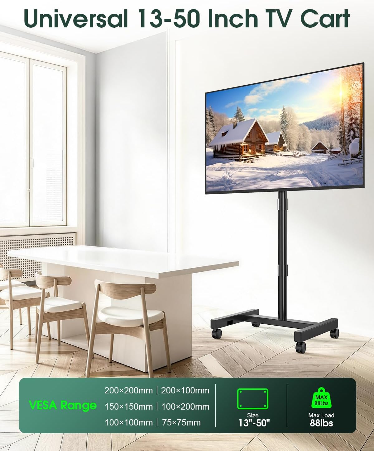 Mobile Rolling TV Stand on Wheels for 13-50 inch Screens, Black | Portable TV Stand for Outdoor, Bedroom, and Living Room, Locking Caster, Tilt Angle and Height Adjustment, Max Vesa 200x200mm