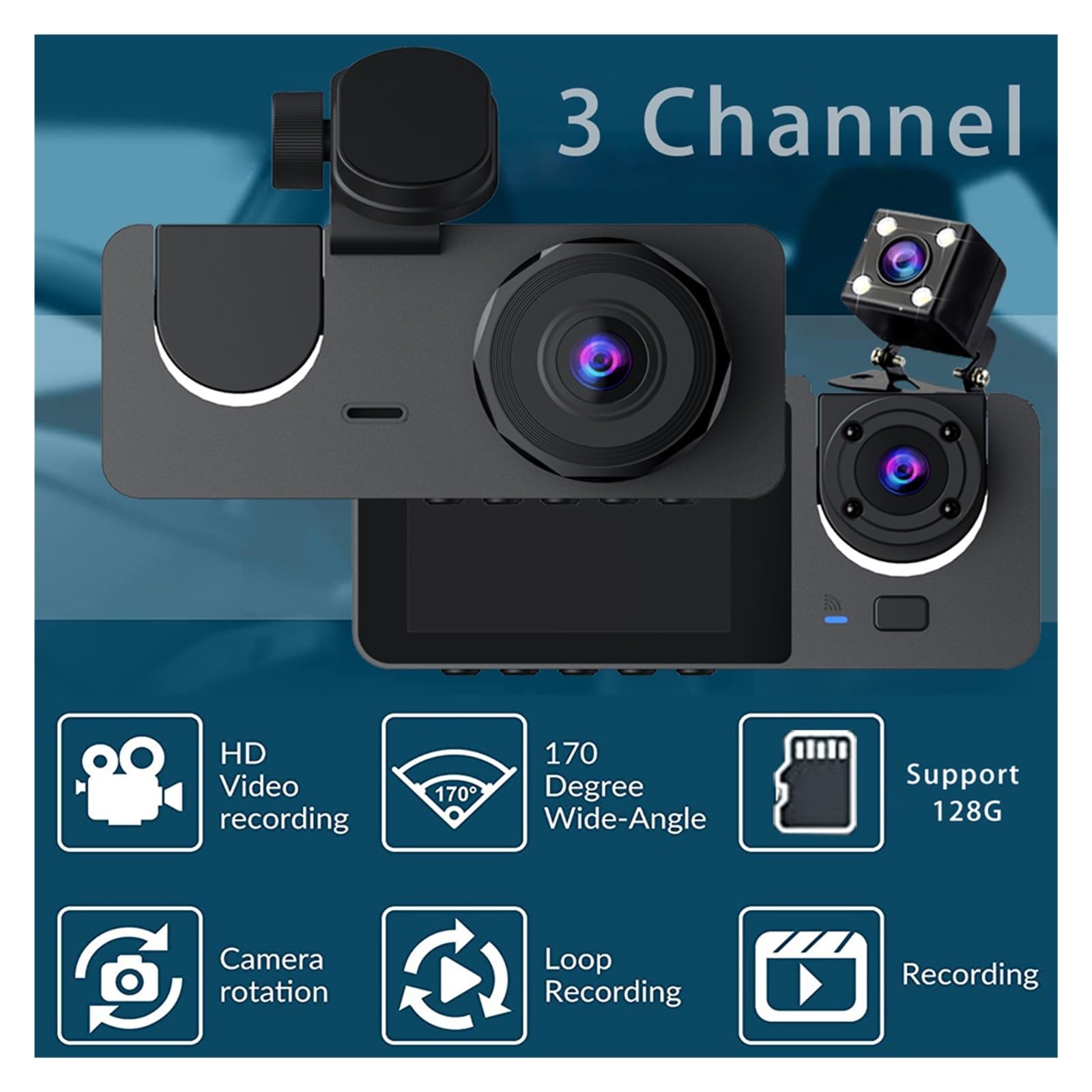 3-kanałowa kamera wideorejestrator samochodowy 1080P obiektyw aparatu wideo pojazdu rejestrator jazdy mini rejestratory czarna skrzynka monitorowanie parkowania Super Widzenie Nocne(3 Channel-CC,128G)
