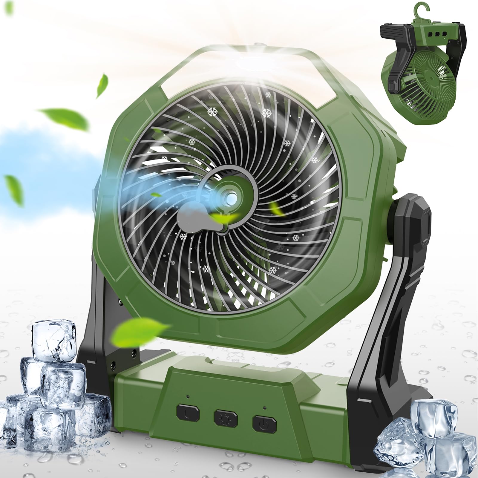 Camping Fan, Misting Fan Portable with Light & 250ml Water Tank, 10000mAh 8 Inch Battery Operated Rechargeable Fan, Cooling Fan with Hook, Outdoor Fans for Patios, Tents, Travel, Beach, Room