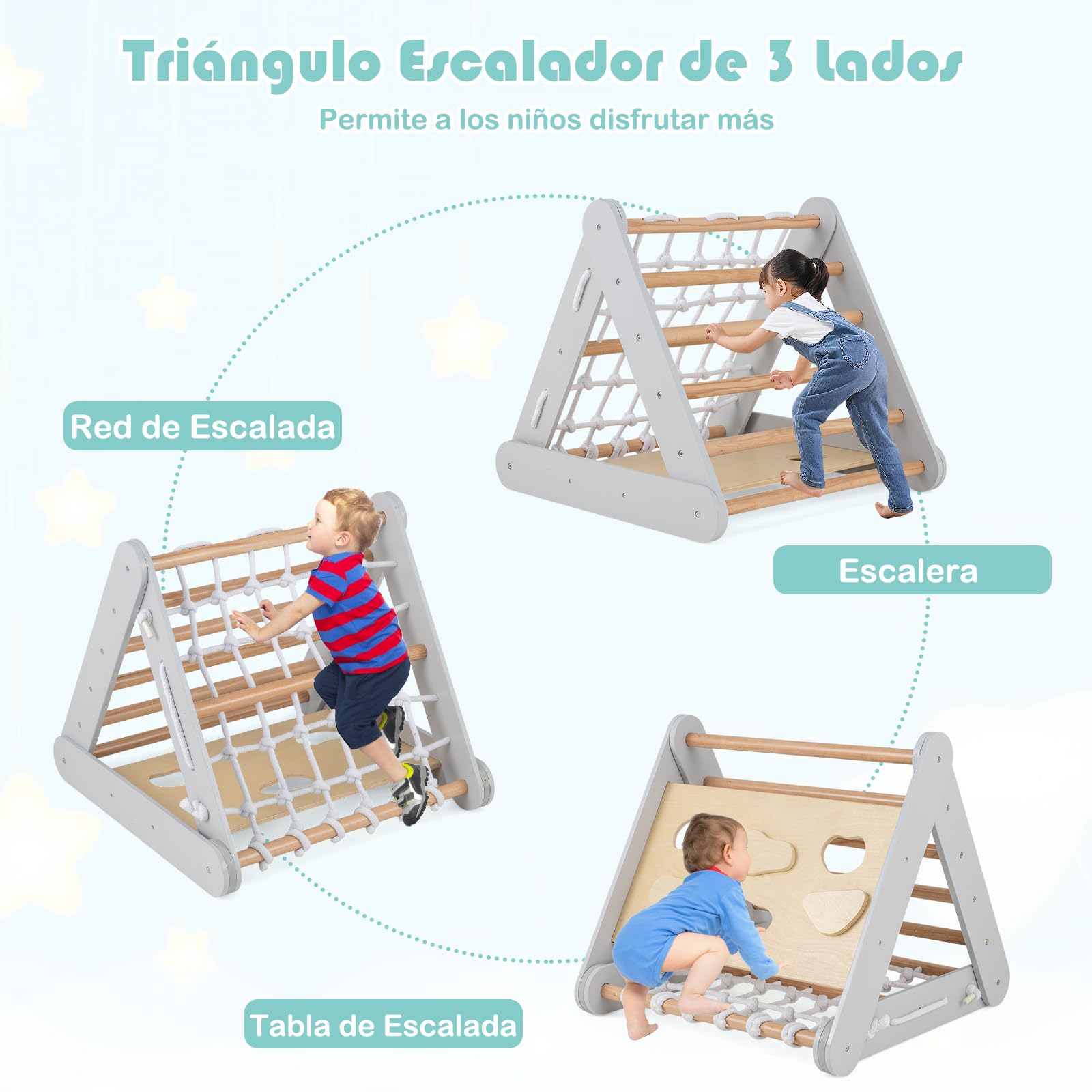 GOPLUS Triángulo de Escalada Montessori para Niños con Red de Escalada, Tabla y Escalera, Piedras con Tobogán, Capacidad de Carga 50KG, Zona de Juegos de Interior para bebés a Partir de 1 año (Gris)