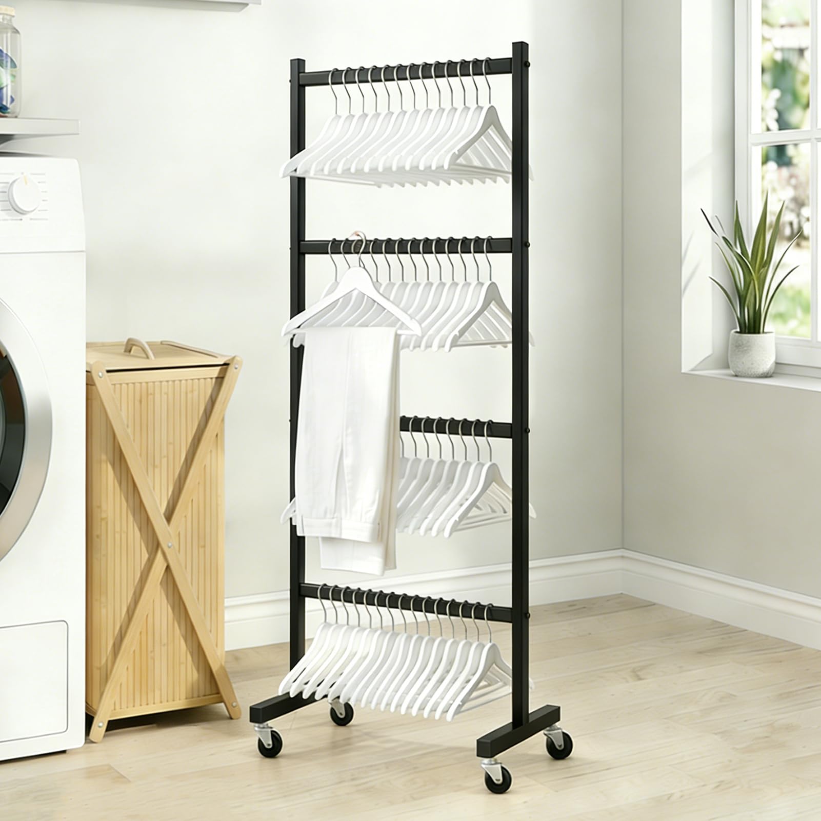 HJZALMI Organizador de Almacenamiento Portapercha 110 Perchas Ruedas | 4 Niveles De Almacenamiento Portaperchas Metálico Negro，Perchas Ruedas Giratorias 360° Silenciosas Con Freno