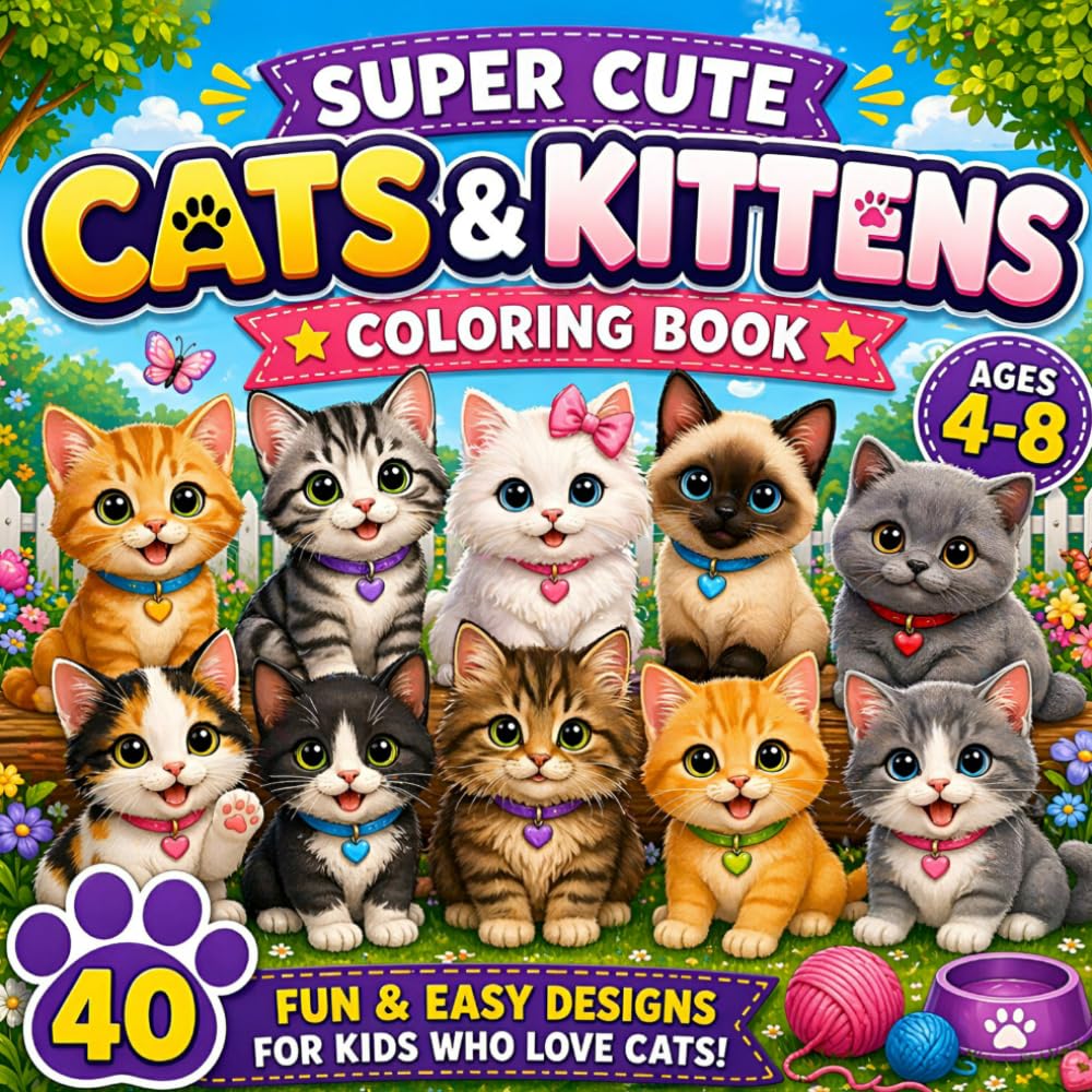 Super Cute Cats & Kittens Coloring Book for Kids Ages 4–8: 40 Fun and Easy Designs with Simple and Bold Coloring Pages (Adorable Animals Series)