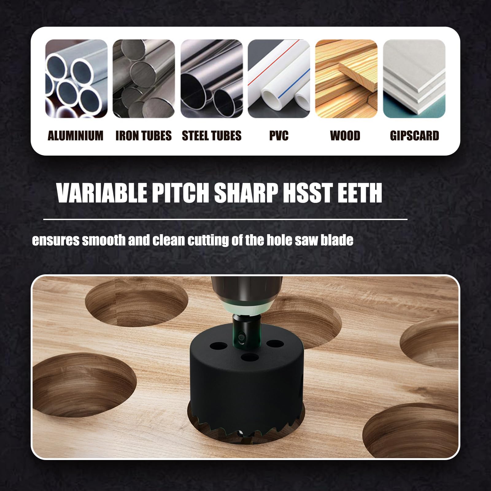 Yeuttex Lochsäge 120 mm mit Robuster HSS Bi-Metall Welle für Holz, Cornhole Platten, Kunststoff, Trockenbau, Metall und Faserplatten (Schwarz)