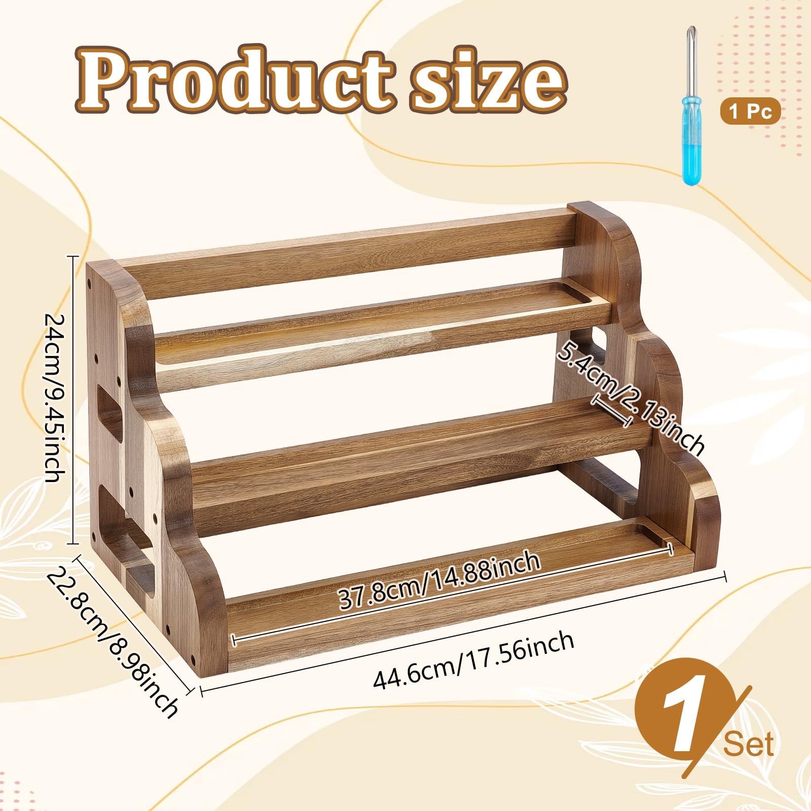 Étagère à épices en bois d'acacia, étagère à épices à 3 étages pour armoire, étagère de rangement en bois pour plan de travail de cuisine ou garde-manger