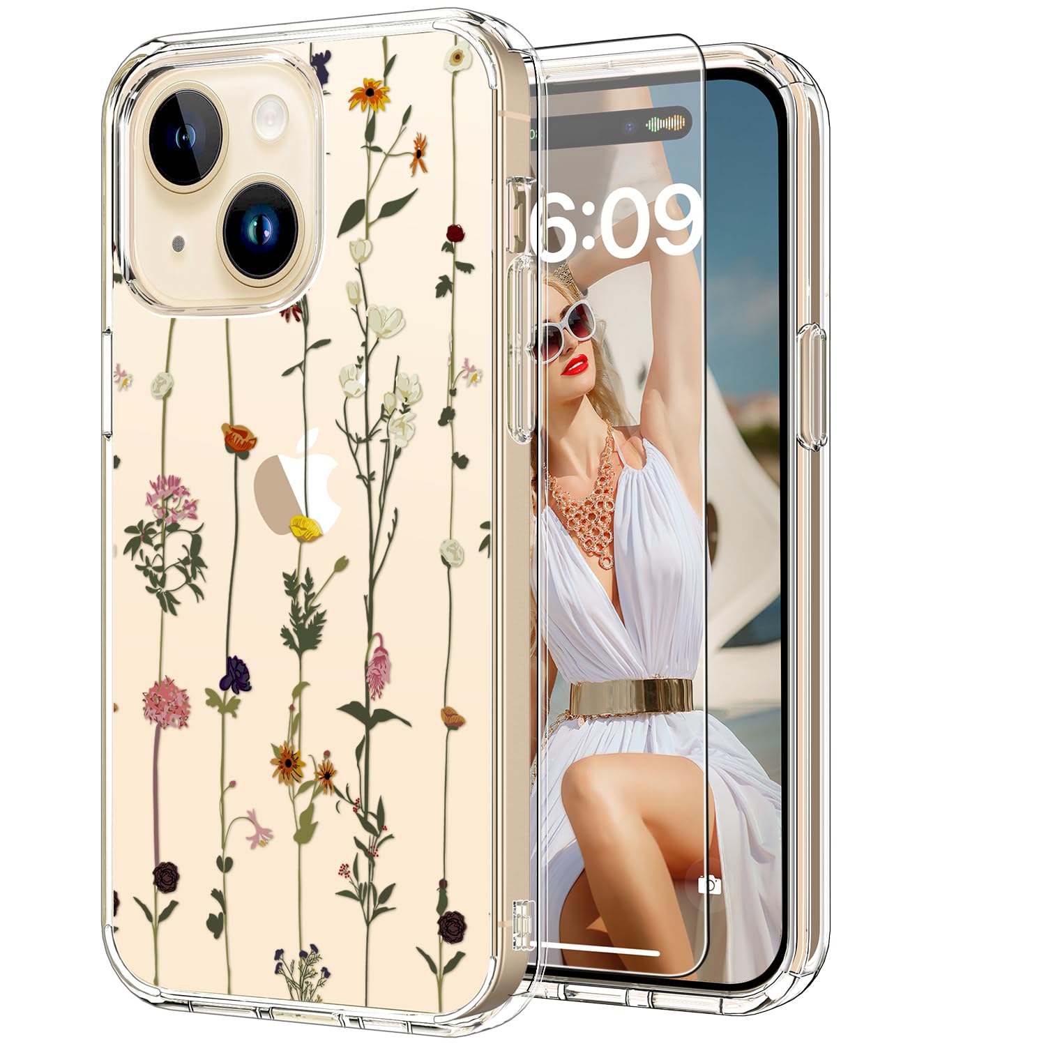ICEDIO for iPhone 15+ Plus Case with Screen Protector-Clear with Fashionable Patterns-Designed for Girls and Women-Slim Fit Cover-Protective Phone Case 6.7" Elegant Floral Flower