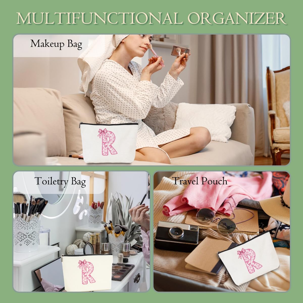 Pink Bow R, Alphabet Makeup Bag for Women, Washable Travel Organizer Toiletry Cosmetic Bag, Coquette Bow Letter Pattern Large Capacity Makeup Pouch with Zipper, Christmas Gifts for Women - Image 5