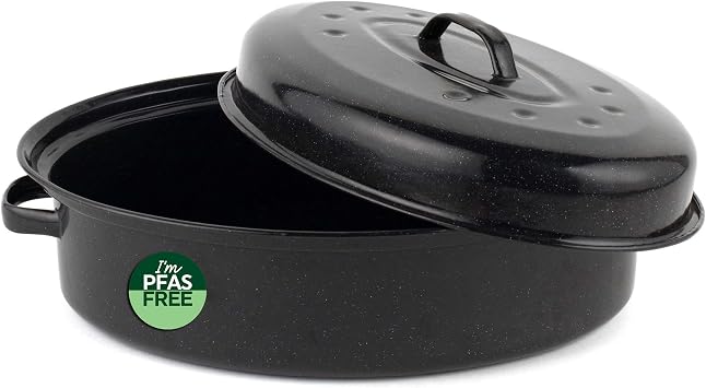 Salter BW12810EU7 Self-Basting Roaster   36cm Vitreous Enamel Coated Steel Roasting Tin with Lid, Oval Dish, PFAS-Free, Dishwasher Safe, Oven Safe to 230 C, Easy Clean, Roast Meat/Vegetables, Black