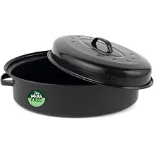 Salter BW12810EU7 Self-Basting Roaster 36cm Vitreous Enamel Coated Steel Roasting Tin with Lid, Oval Dish, PFAS-Free, Dishwasher Safe, Oven Safe to 230C, Easy Clean, Roast Meat/Vegetables, Black