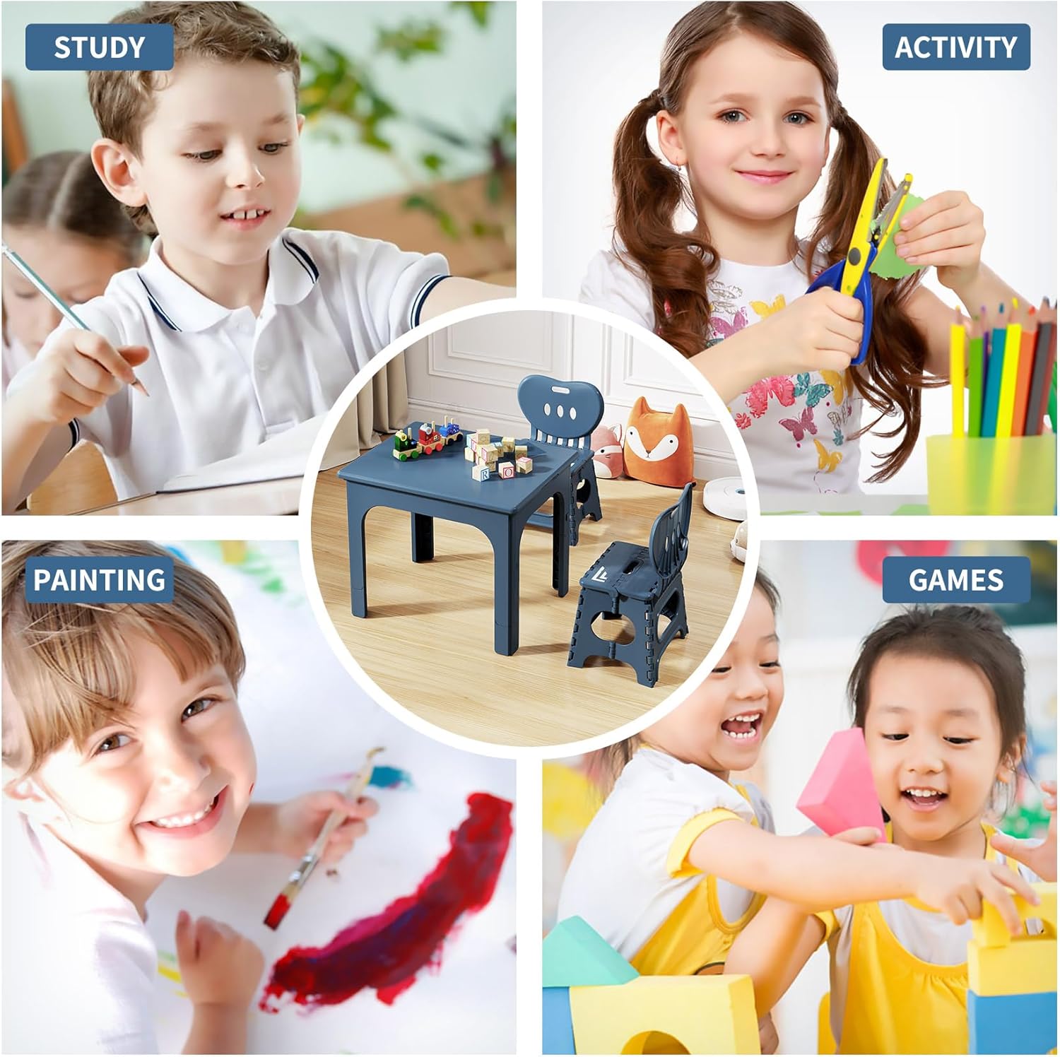 UNICOO® Kids Foldable & Height Adjustable Table Set w/2 Folding Chairs, Compact, Collapsible & Portable, Toddler Activity, Picnic Table, Card Table, Indoor/Outdoor (699) (Blue)