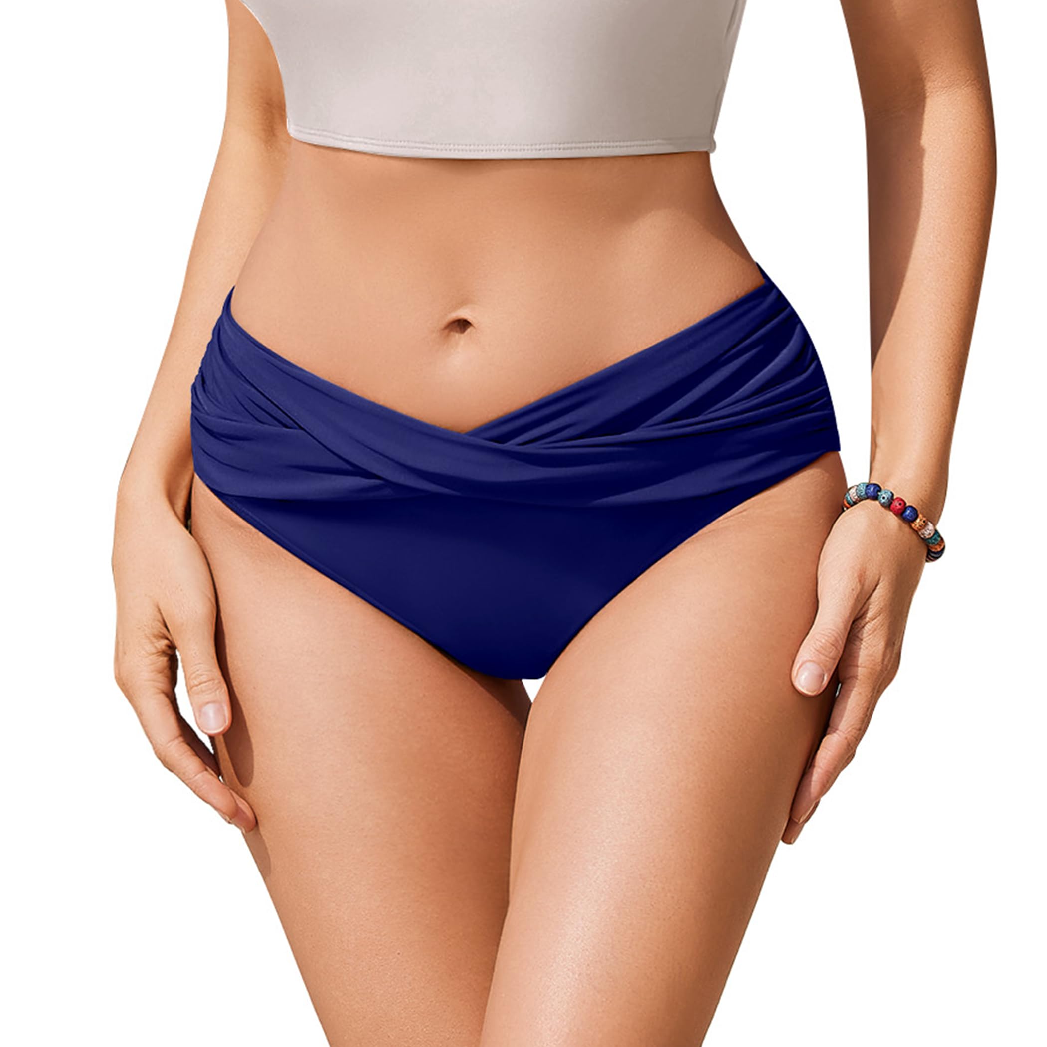 Ekouaer Damen Bikinihose V-Schnitt Ruched Bauchweg Badehose Bikini Unterteil Bademode S-XXL