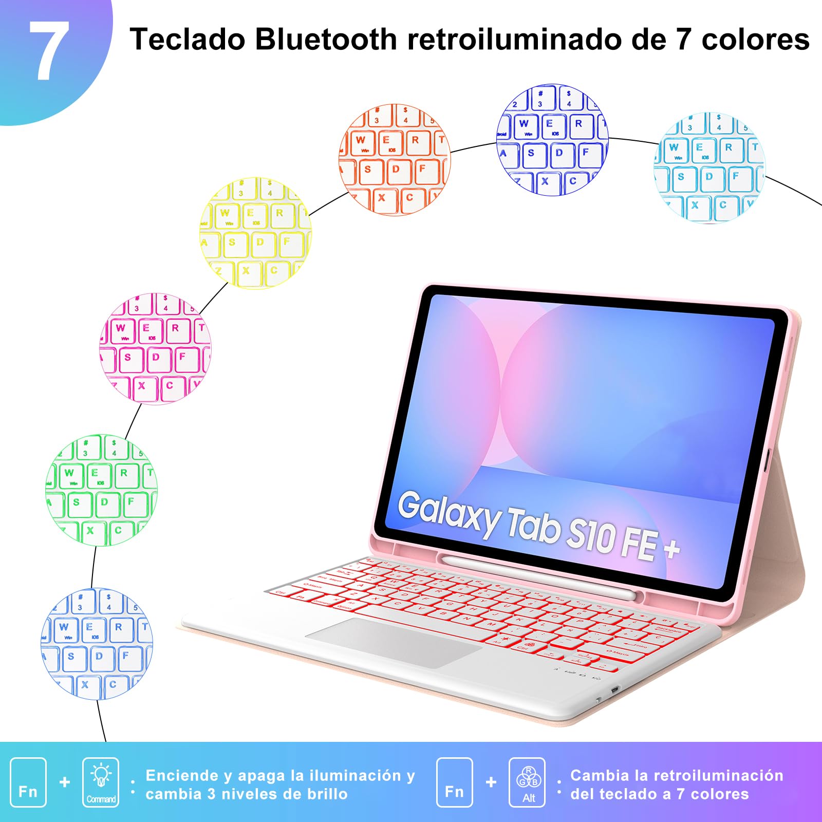 Funda Samsung Galaxy Tab S10 Fe Plus 13.1 Pulgadas con Teclado, Teclado Touchpad Retroiluminación en 7 Colores Español Ñ Inalambrico Desmontable con Trackpad para Samsung Tab S10 Fe Plus, Rosa