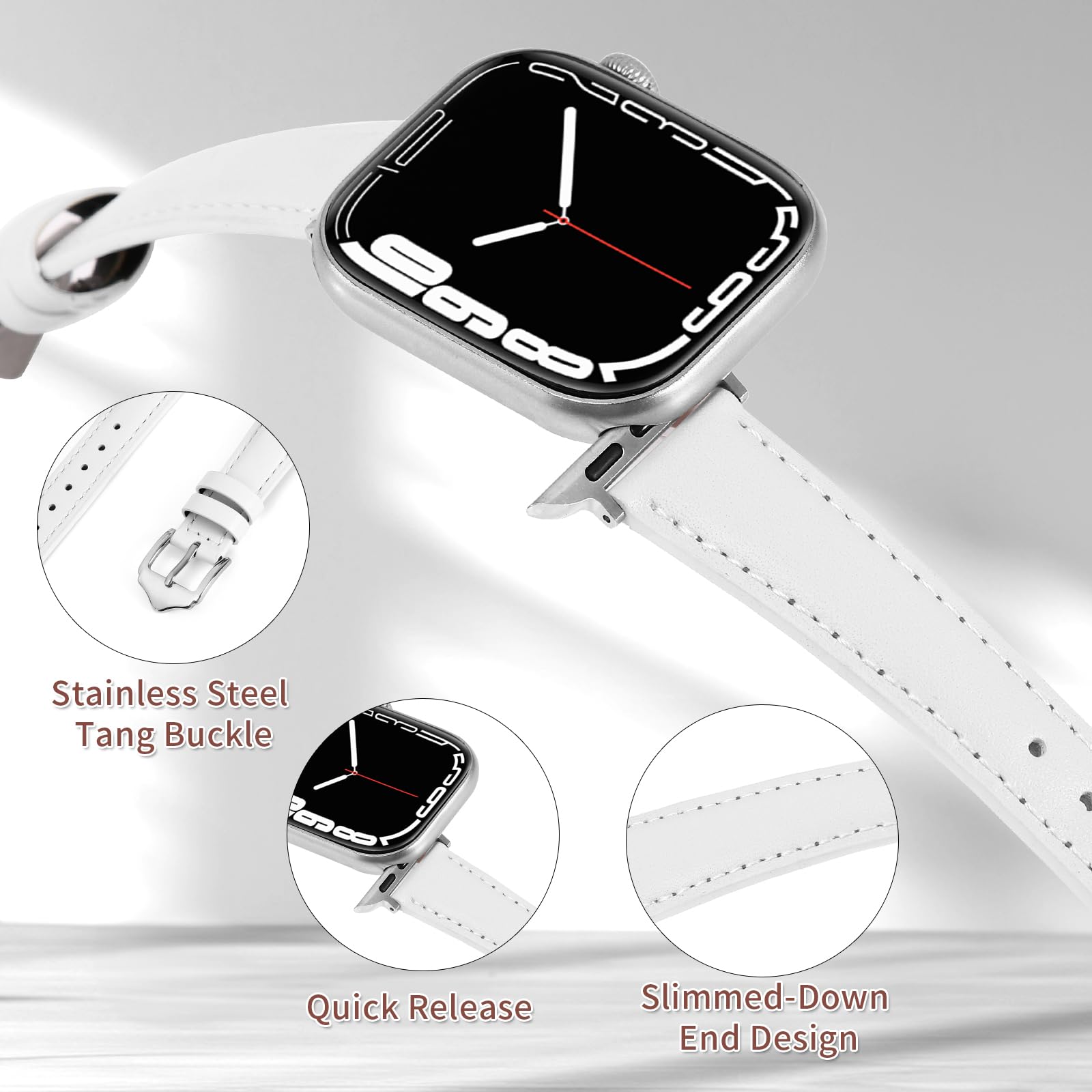 Bracelet en cuir pour Apple Watch 49 mm, 46 mm, 45 mm, 44 mm, 42 mm, 41 mm, 40 mm, 38 mm. Bracelets en cuir pour iWatch Ultra 3/2/1 Series 11/10/9/8/7/6/5/4/3/2/1 SE3 SE2 SE, blanc
