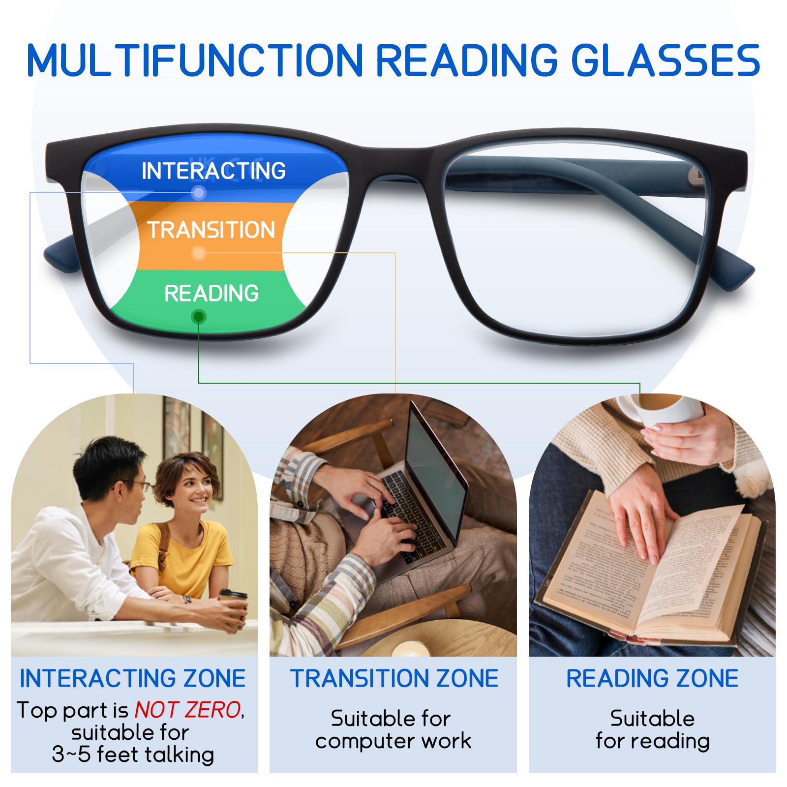 DEHOTRE - Set di 2 lenti da lettura progressive multifocus da uomo, infrangibili TR90, con templi di grandi dimensioni, intarsiati in metallo, Lente progressiva/nero+blu/2 paia, 140 millimeters