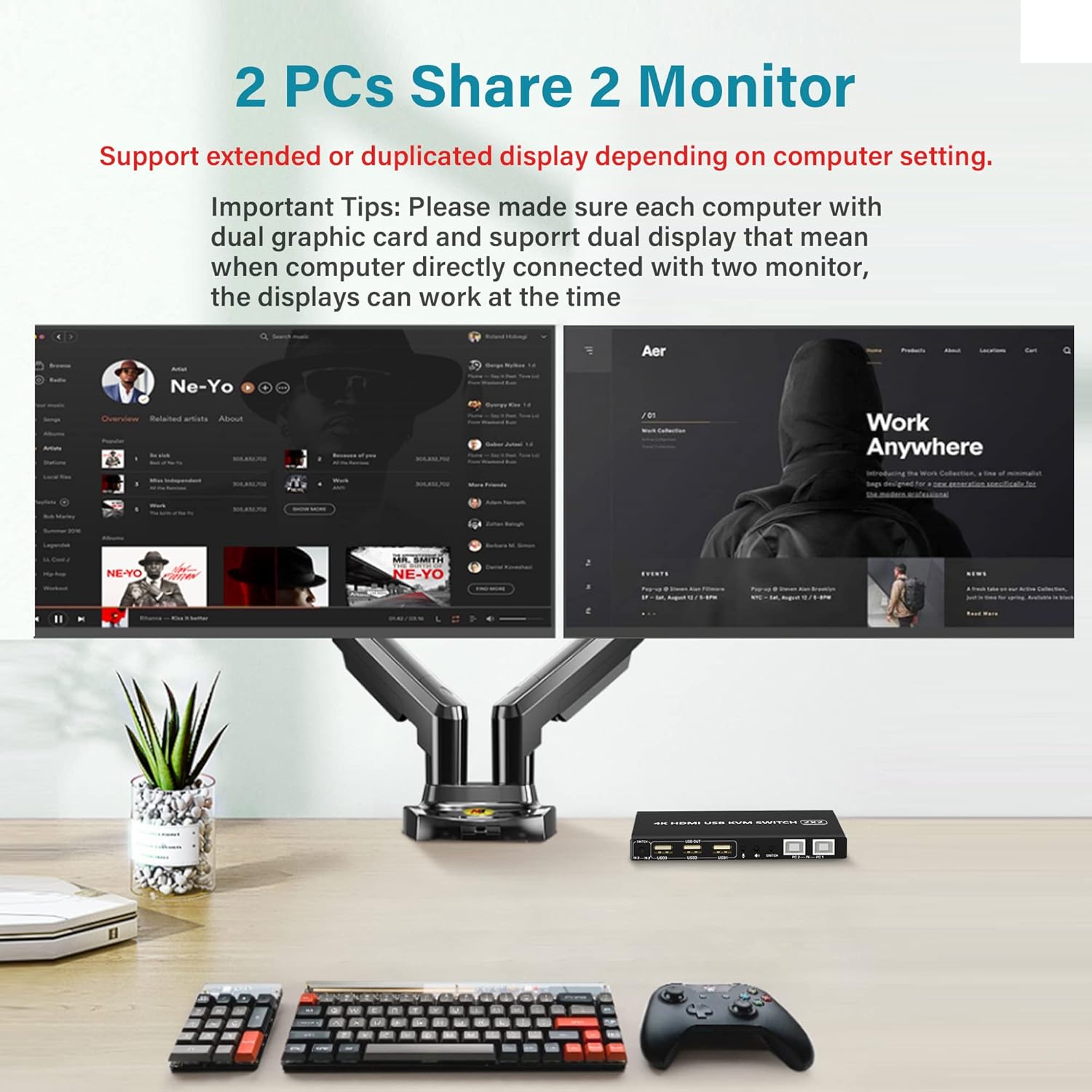 Dual Monitor KVM Switch 2 Port 4K@60Hz, 2 in 2 Out with Audio, 3 USB 2.0 Hub, Black, Toggle Switch, ON-NONE-ON Operation