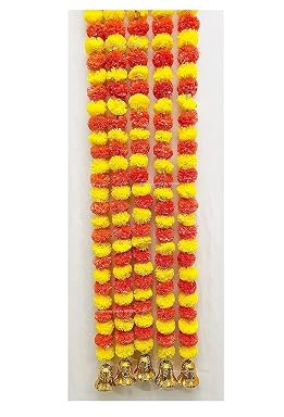 SPHINX Artificial Marigold Fluffy Flowers and Golden/Silver Hanging Bells Garlands/Torans/Wall hangings for Decoration- 30 Flowers per String - (Yellow and Dark Orange, 2 Pieces only)