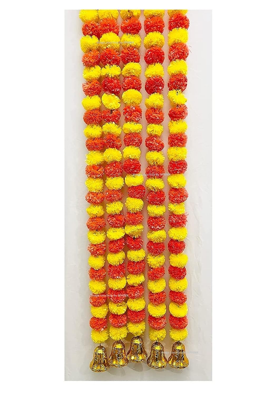 SPHINX Artificial Marigold Fluffy Flowers and Golden/Silver Hanging Bells Garlands/Torans/Wall hangings for Decoration- 30 Flowers per String - (Yellow and Dark Orange, 2 Pieces only)