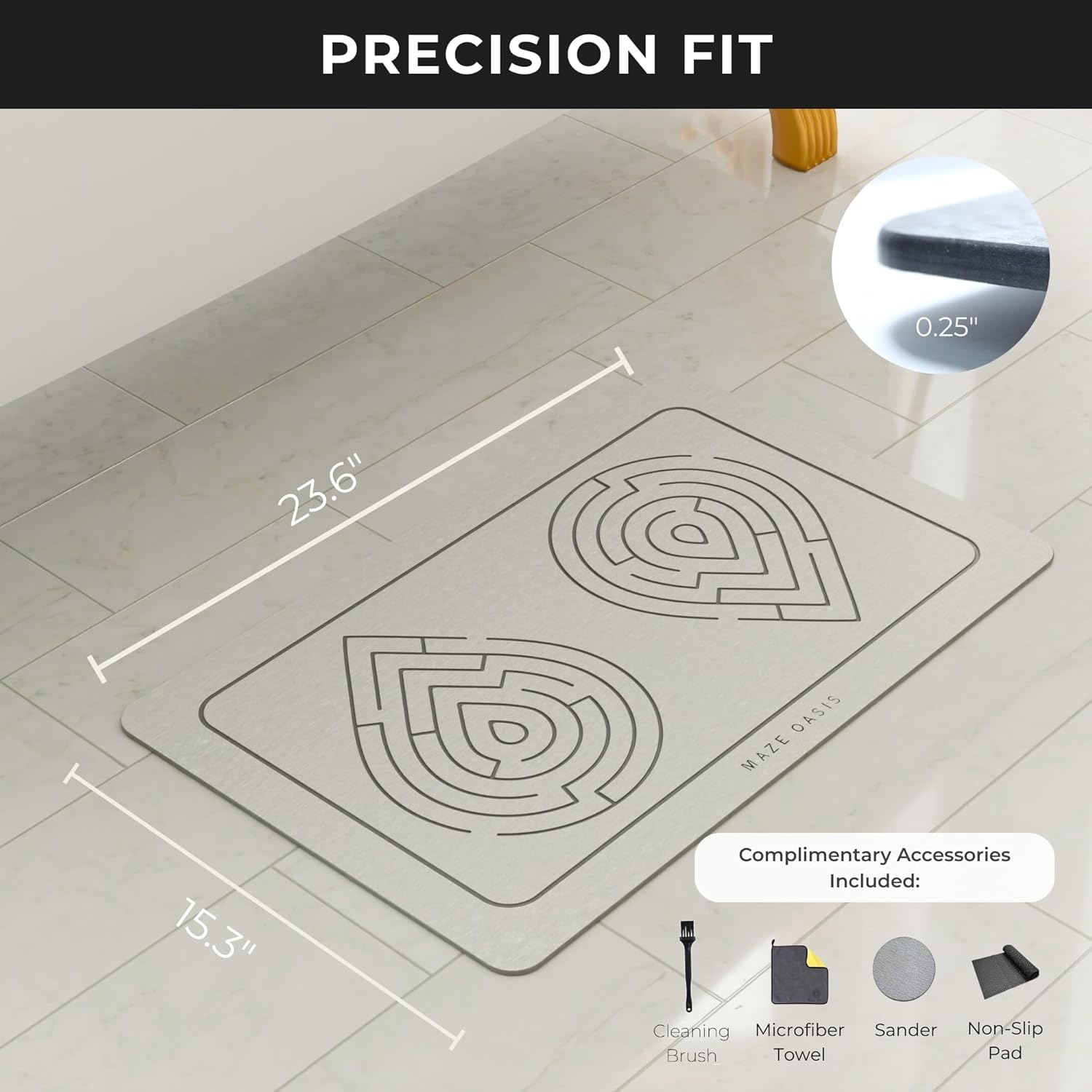 Stone Bath Mat [Instant-Dry Air-Flow Tech] – Diatomaceous Earth Bath Mat Non Slip & Stone Drying Mat – Quick Dry Shower Mat Anti Mold – Zen Sterling 23.6 x 15.3 in