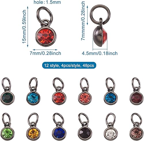 Vista 16 de Cheriswelry 48 dijes redondos de aleación de cristal de aleación de oro plateado de 0.295 in con diamantes de imitación, colgantes pequeños