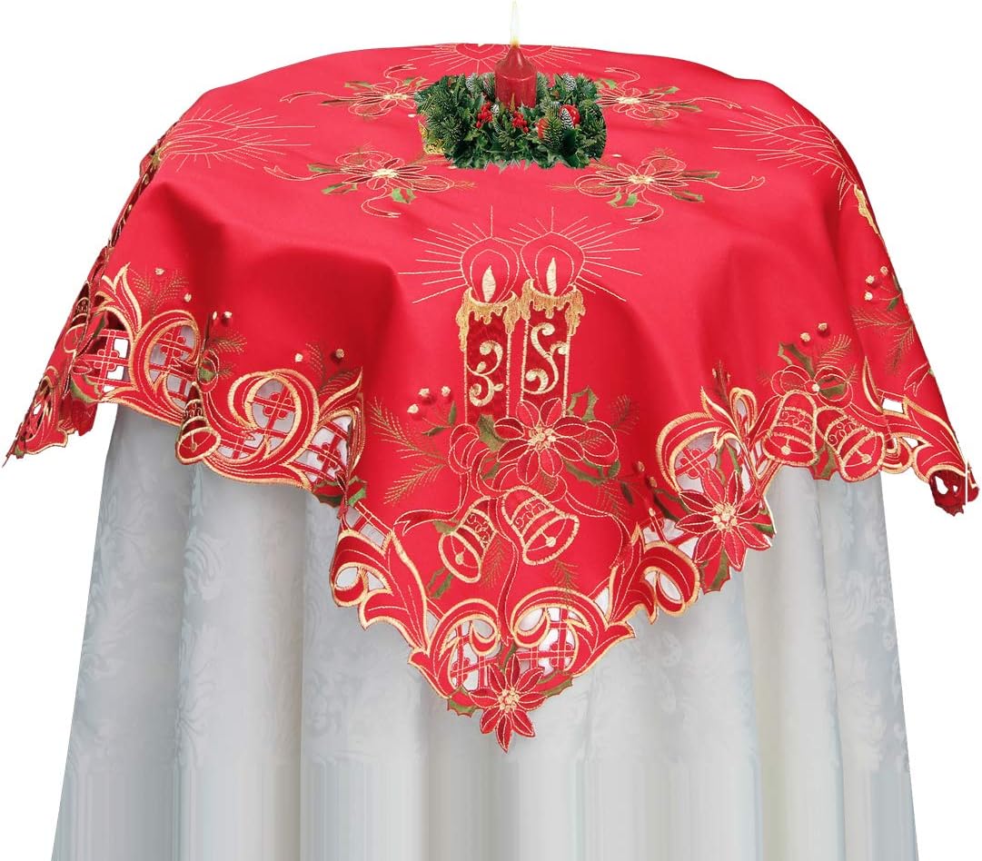 Creative Linens Holiday Christmas Embroidered Poinsettia Candle Bell Tablecloth 33x33 Square Red Gold Topper