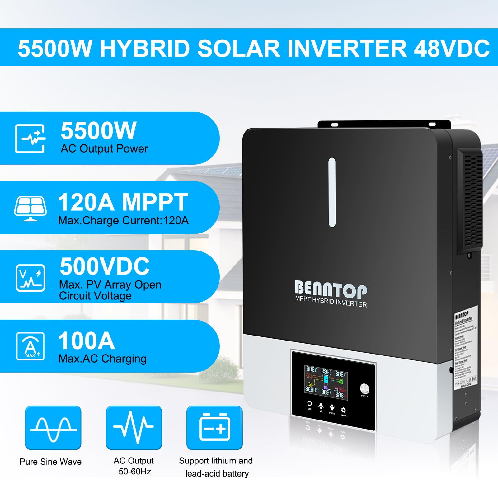Hybrid Wechselrichter Reiner Sinus 5500W 48 V DC auf 220/230 V AC Solarwechselrichter PV Max.500V Avec Chargeur Solaire 120A MPPT für Netzunabhängige Blei-Säure-Lithium-Batterie