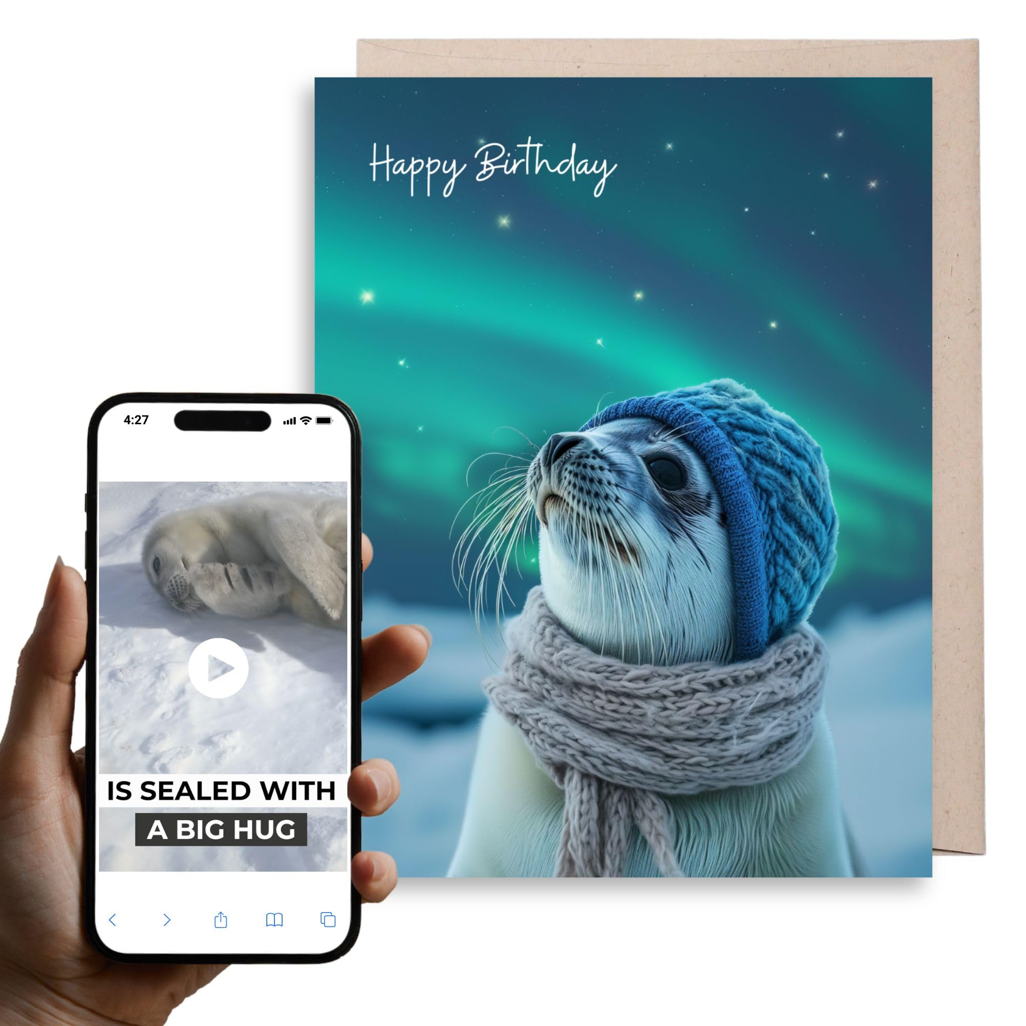 Magic Greetings - Tarjeta de cumpleaños Arctic Seal - Tarjeta de video interactiva - Tarjeta de cumpleaños para niños, amantes de los animales, amigos, novia, novio, esposa - Fácil activación QR sin
